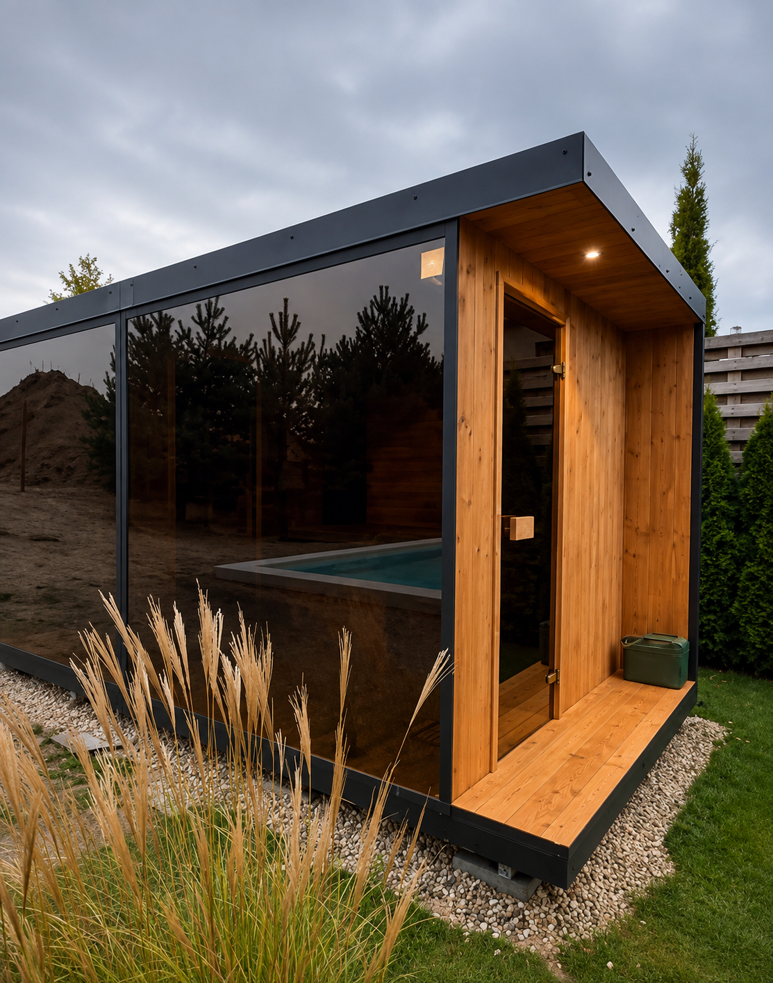Outdoor-Sauna mit getöntem Panoramafenster im Garten