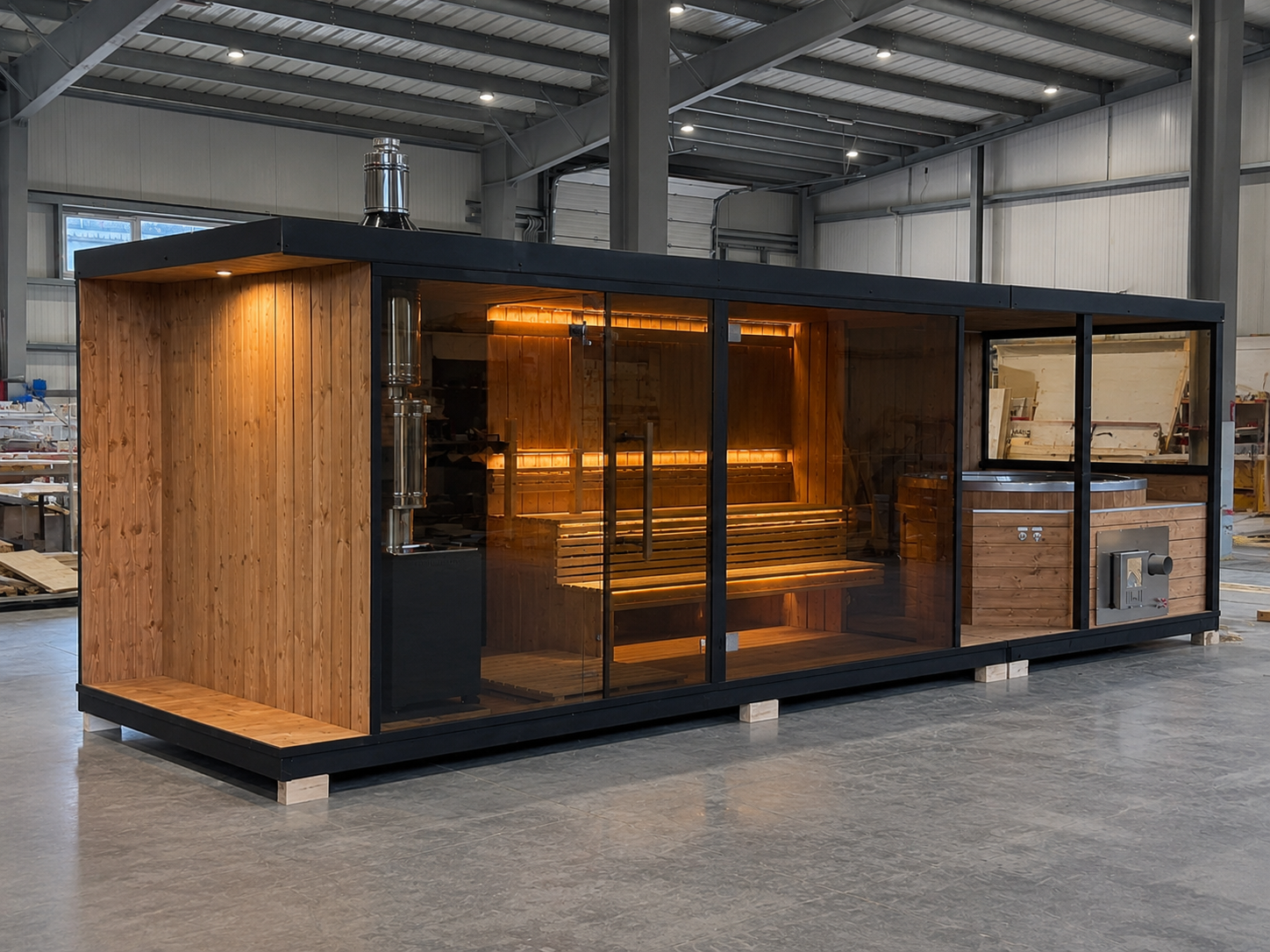 Innenansicht einer Outdoor-Sauna mit Holzofen und Hot Tub