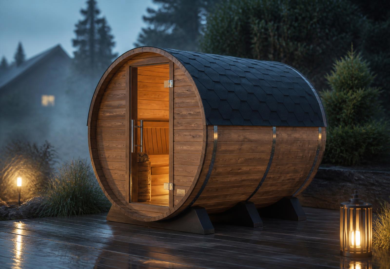 Beleuchtete Fasssauna aus Thermokiefer auf einer Holzterrasse in der Dämmerung