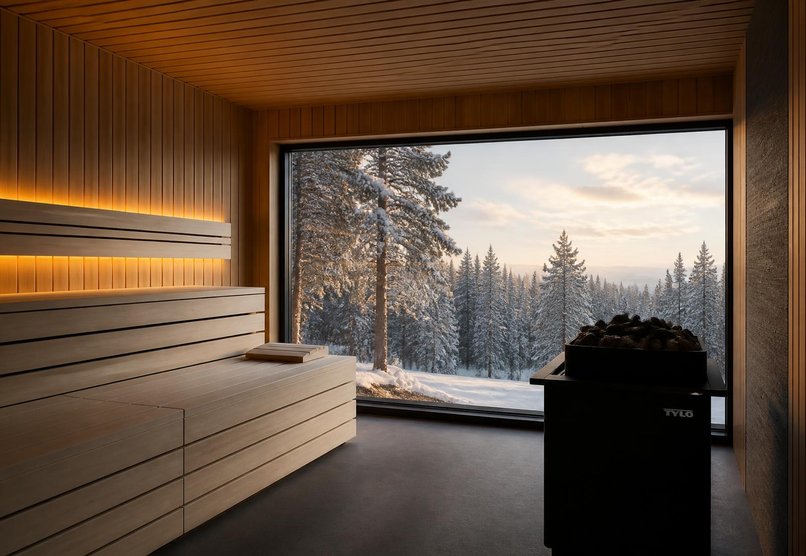Innenraum einer Modulsauna mit Espenbänken, Saunaofen und Blick in den Winterwald