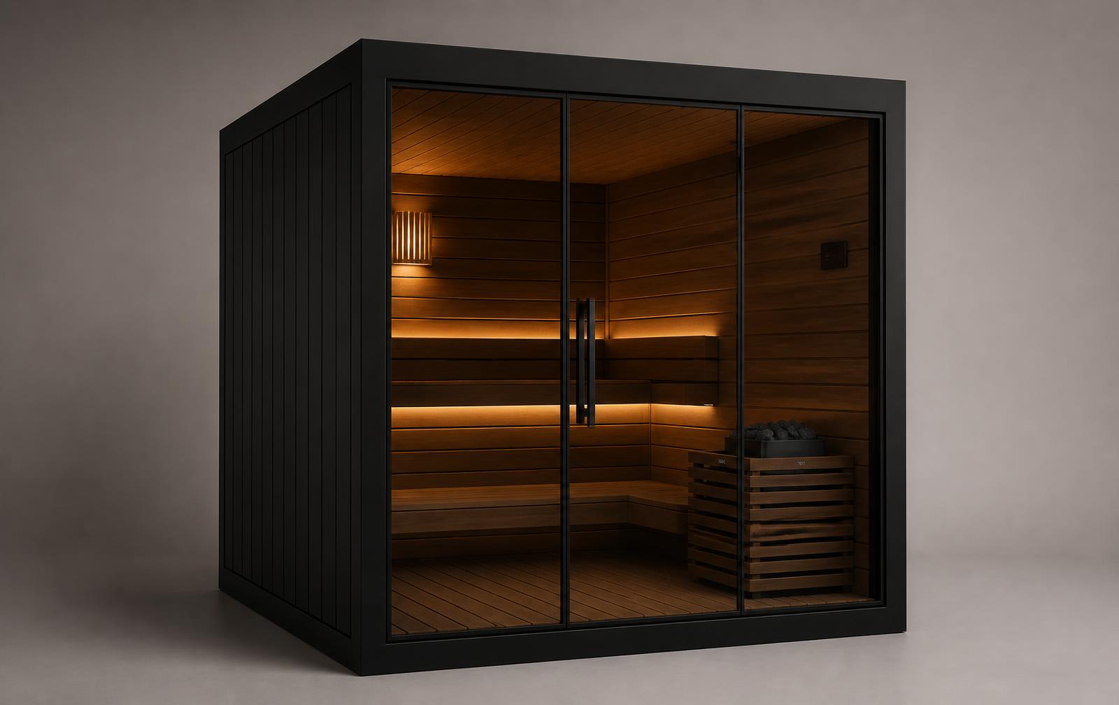 Moderne Outdoor-Sauna mit schwarzem Rahmen und Thermoholz-Innenraum