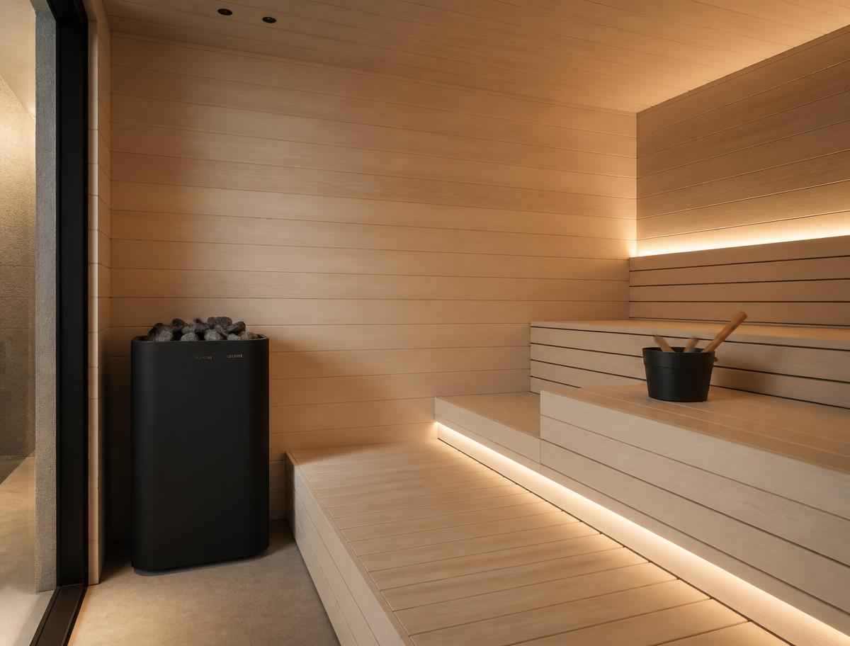 Innenansicht einer Nordholm-Sauna mit Espenbänken und indirektem Licht