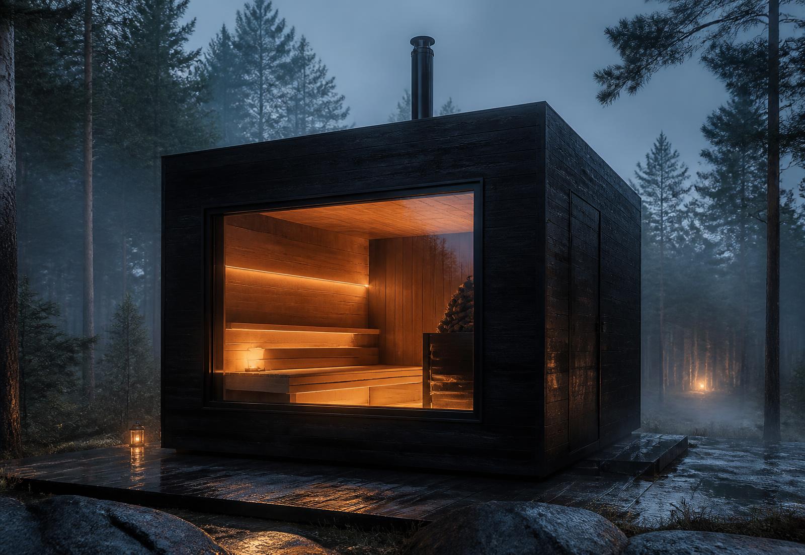 Schwarze Außensauna Modell Skog mit Panoramafenster im nebligen Wald